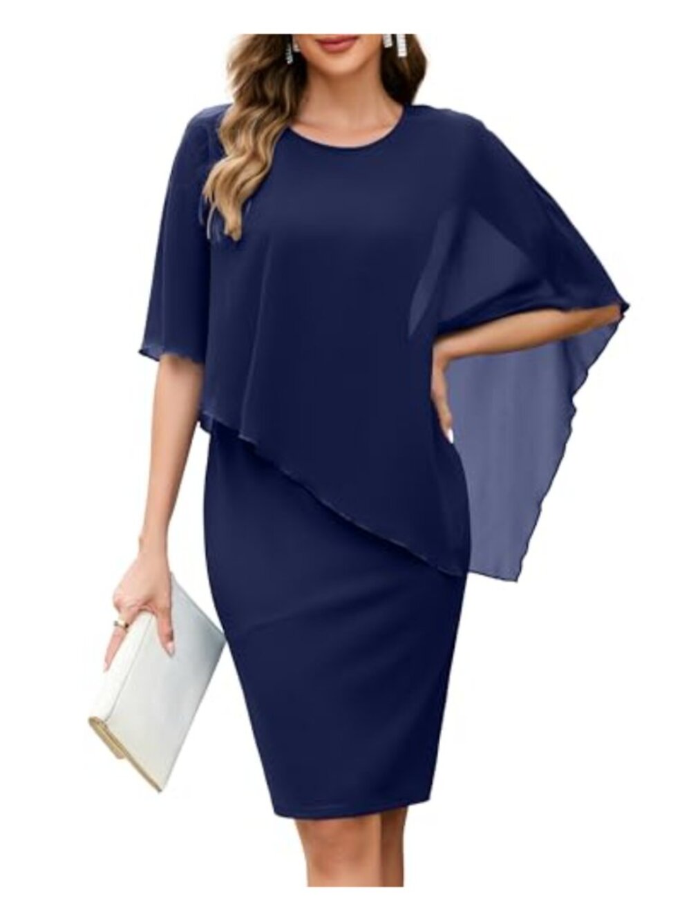 Women's Chiffon Cape Sleeveless Bodycon Midi Dress for Wedding Guest